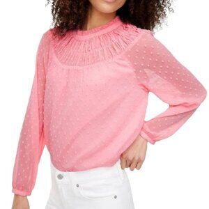 J. Crew Pink Swiss Dot Ruffle Neck Sheer Smocked Blouse